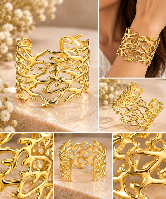 SHE BEAUTY golden cuff bracelet with an intricate geometric coral-like design for festive and everyday wear.