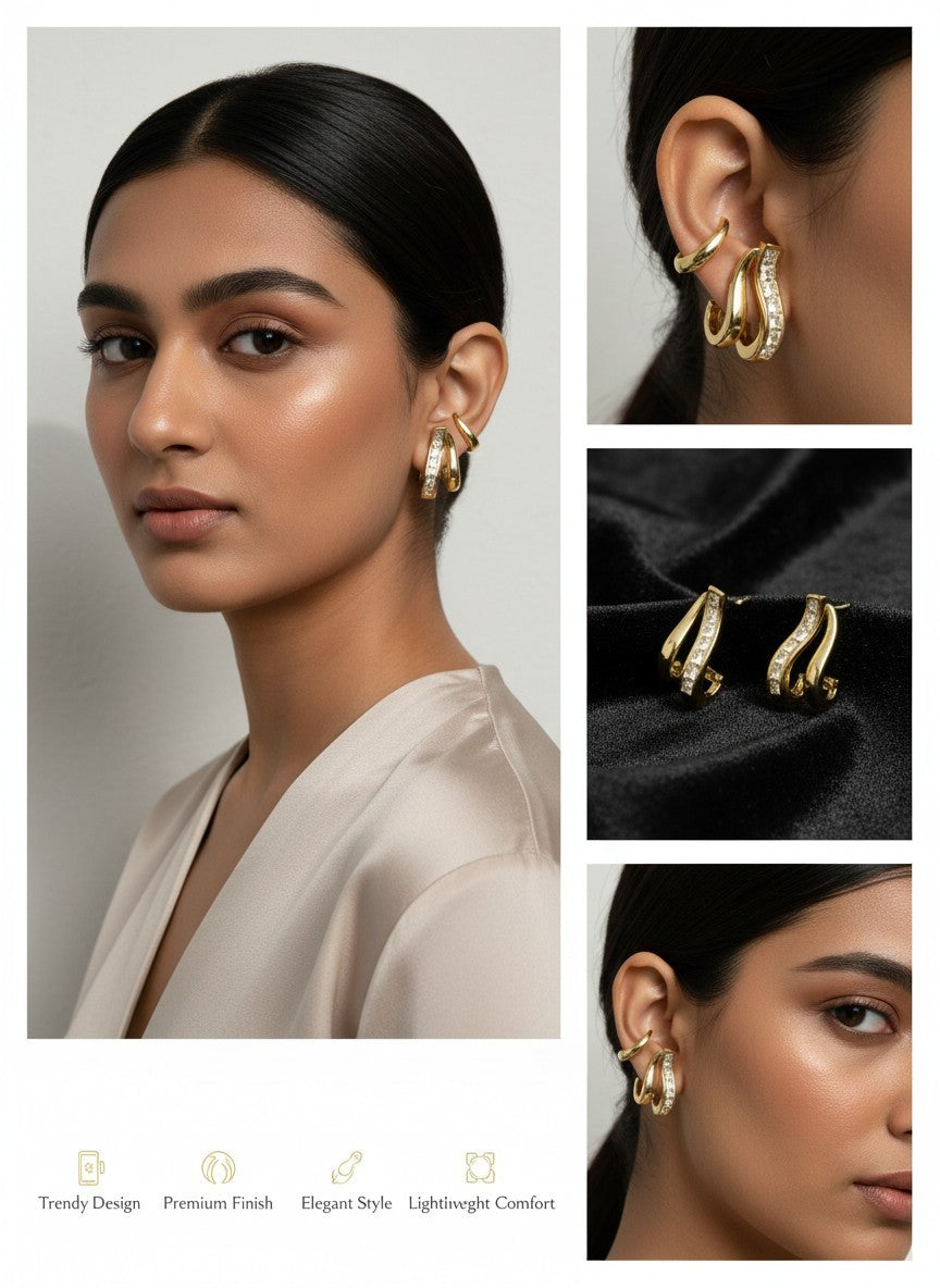 SHE BEAUTY GILDED LOOP gold-toned hoop earrings with crystal accents worn by a model for a festive party look.