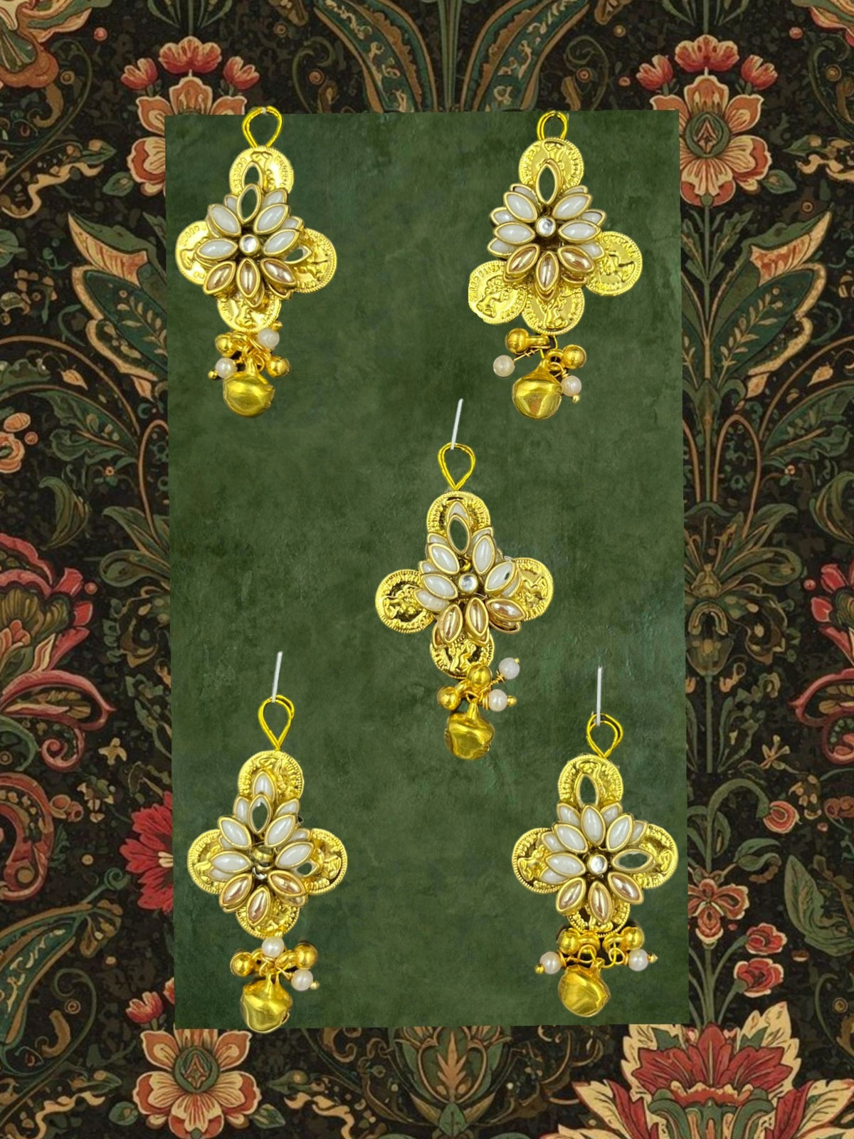 SHE BEAUTY Ginni hair accessories set featuring five gold-toned floral ornaments with white beads for festive wear.