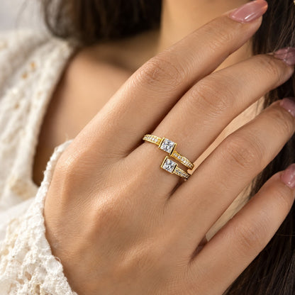 SHE BEAUTY anti-tarnish gold-plated ring featuring two square-cut AD stones on a delicate pavé band
