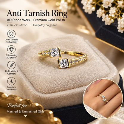SHE BEAUTY anti-tarnish gold-plated ring featuring two square-cut AD stones on a delicate pavé band
