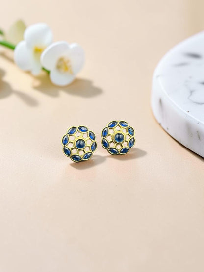 SHE BEAUTY COLOUR STUDS featuring round gold-tone floral earrings with blue stone accents for ethnic or modern wear.