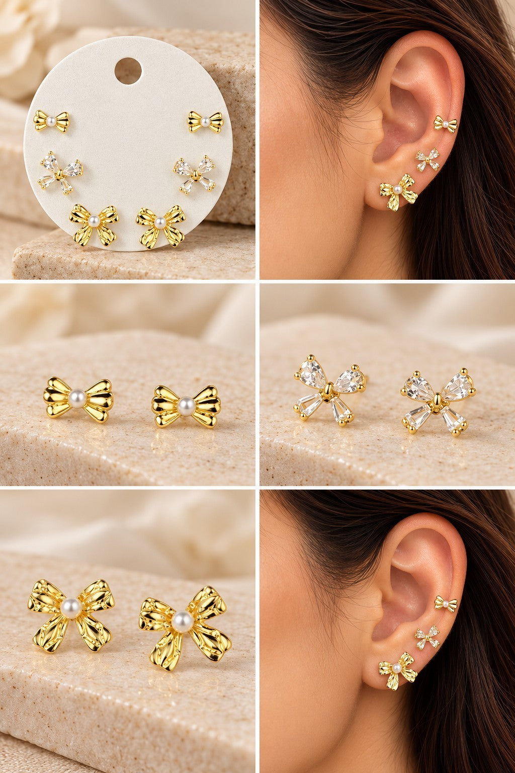 SHE BEAUTY 925 AD stud earrings featuring gold-tone bow designs with central pearls and sparkling cubic zirconia