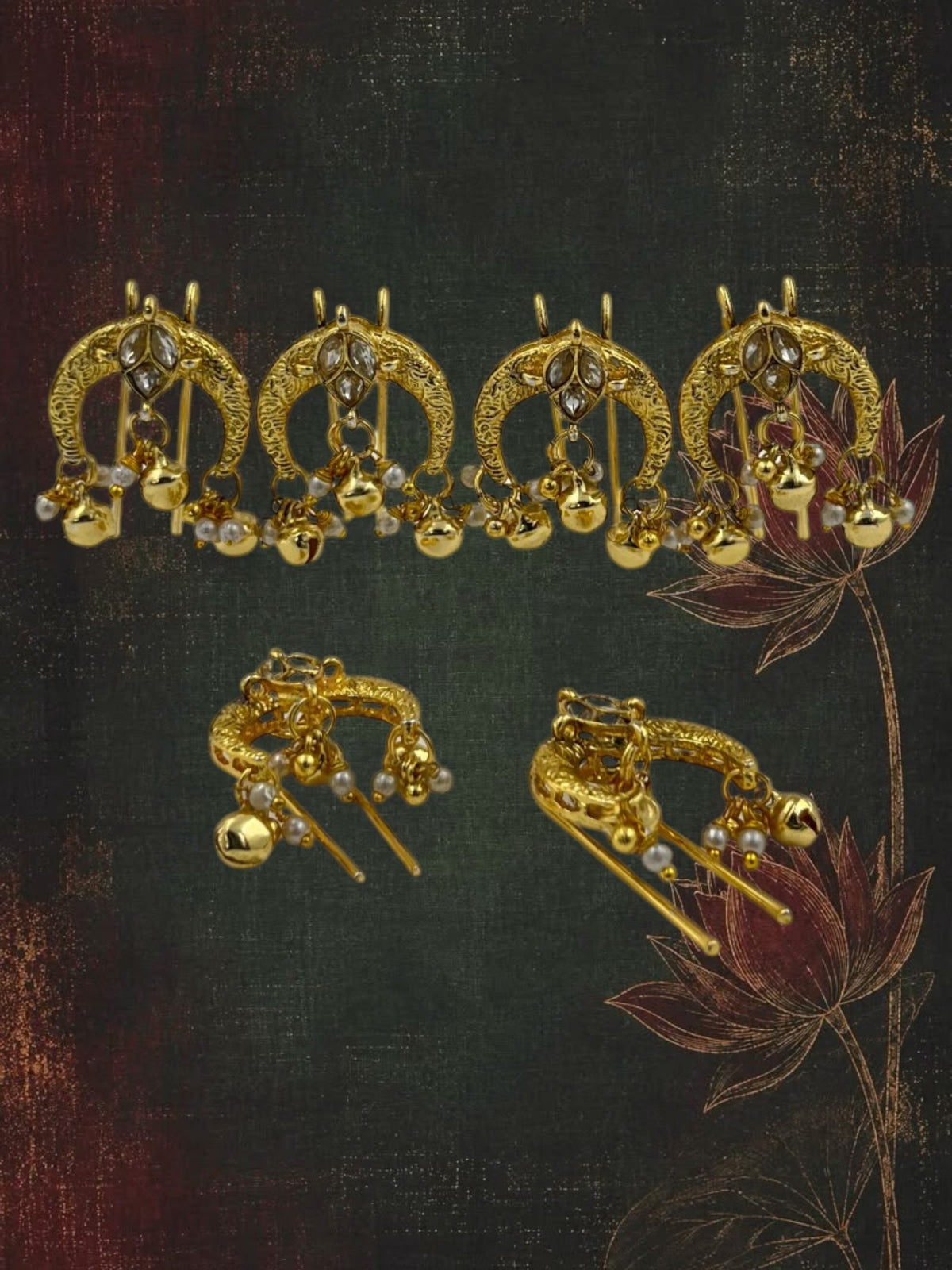 SHE BEAUTY set of 6 gold-toned traditional braid charms featuring intricate metalwork, small bells, and pearl accents.