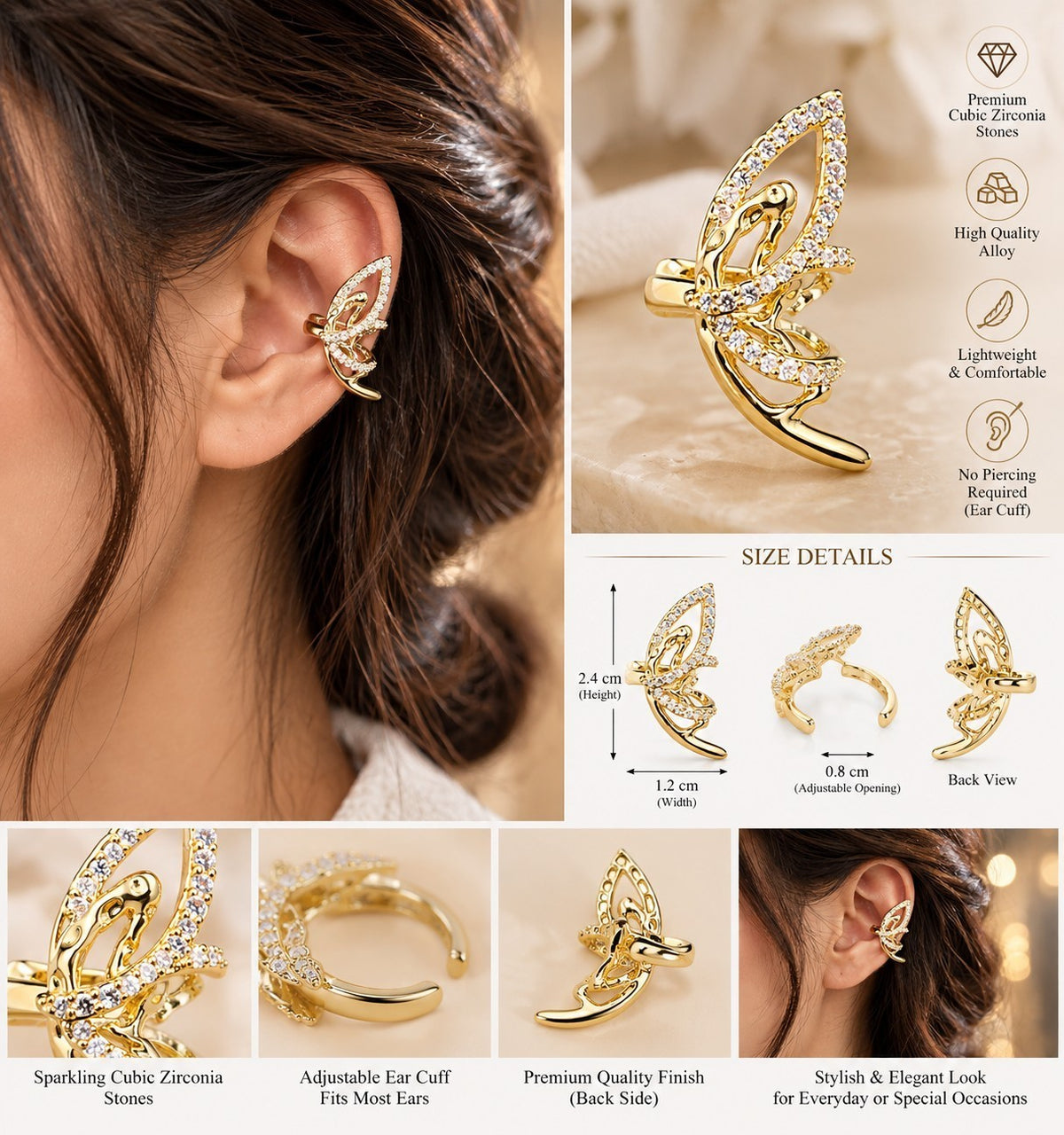SHE BEAUTY gold-tone butterfly ear cuff with sparkling cubic zirconia stones, designed for non-pierced ears.