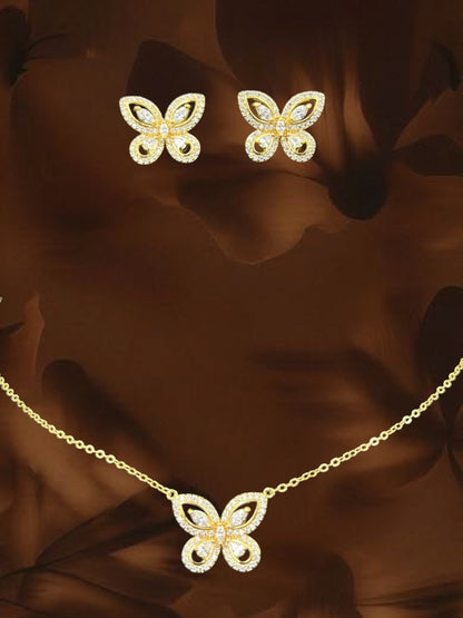 SHE BEAUTY butterfly pendant and earring set in gold tone with sparkling white stones for festive and party wear