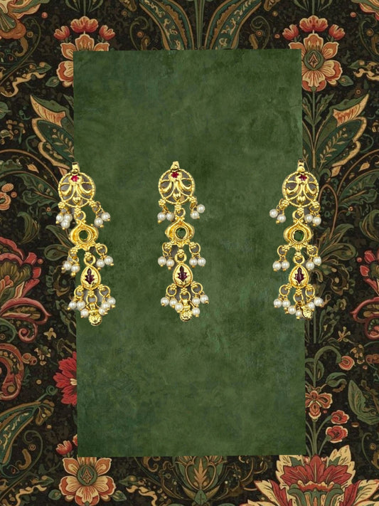 SHE BEAUTY 3-piece gold-tone choti hair accessories with pearl beads and red stone accents for festive hairstyles.