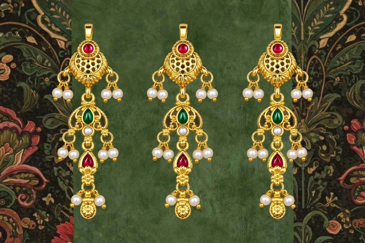 SHE BEAUTY 3-piece set of gold-toned choti hair accessories featuring red and green stones with hanging pearl beads.