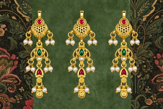 SHE BEAUTY 3-piece set of gold-toned choti hair accessories featuring red and green stones with hanging pearl beads.