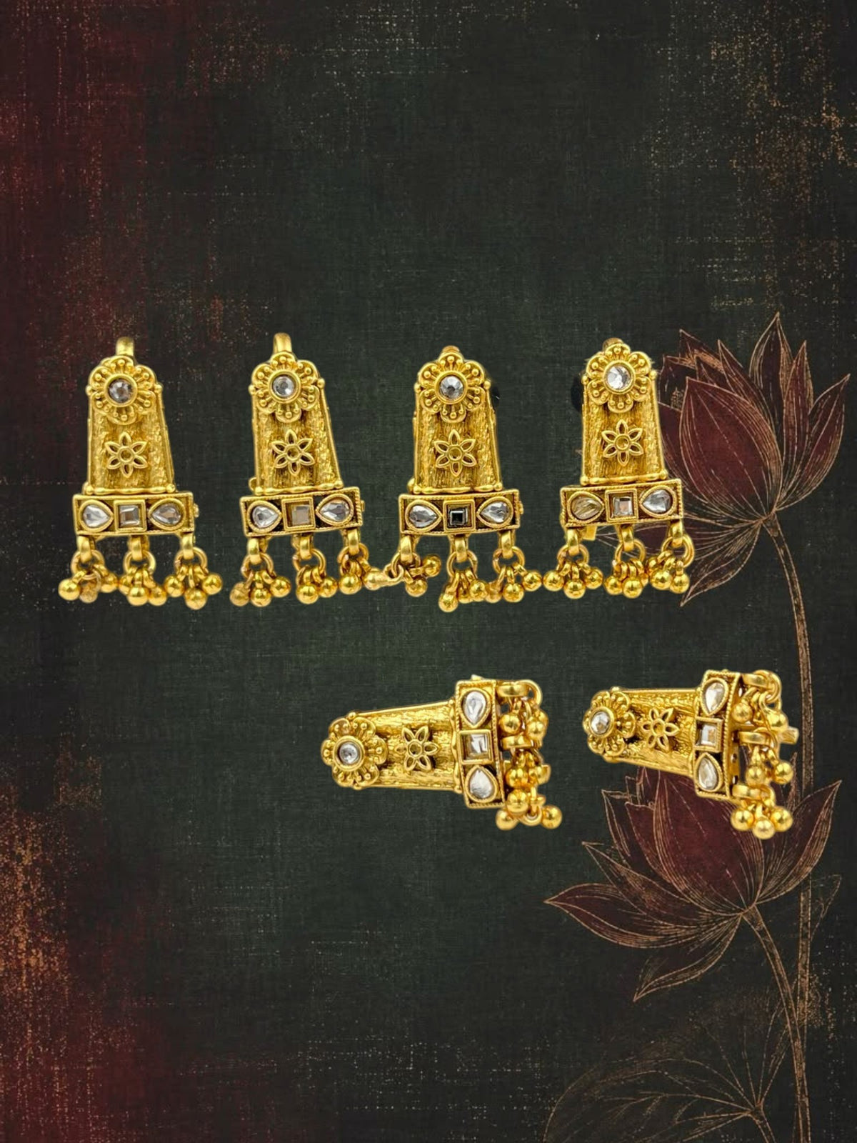 SHE BEAUTY set of 6 gold-toned choti hair pins featuring intricate floral patterns, white stones, and hanging beads.