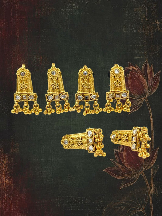 SHE BEAUTY set of 6 gold-toned choti hair pins featuring intricate floral patterns, white stones, and hanging beads.