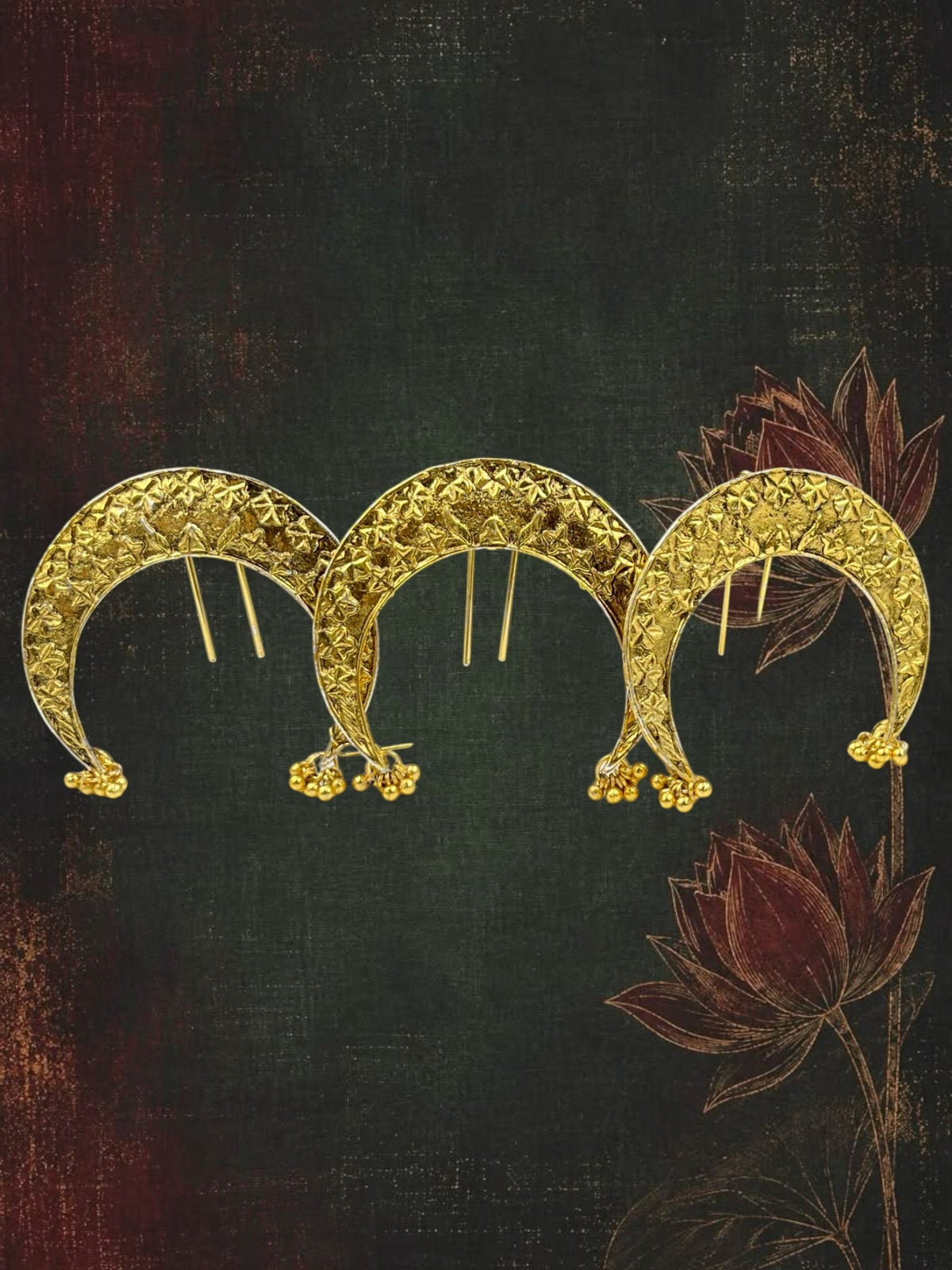 SHE BEAUTY set of three gold-toned crescent moon brooches with textured patterns and small dangling bead accents.