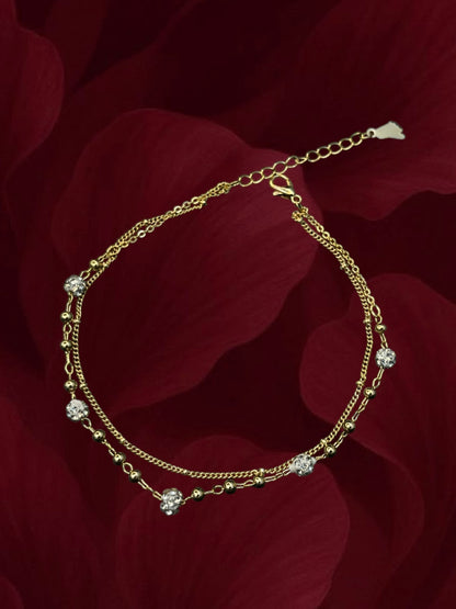 SHE BEAUTY anti-tarnish gold-toned double-chain anklet for girls with sparkling crystal accents