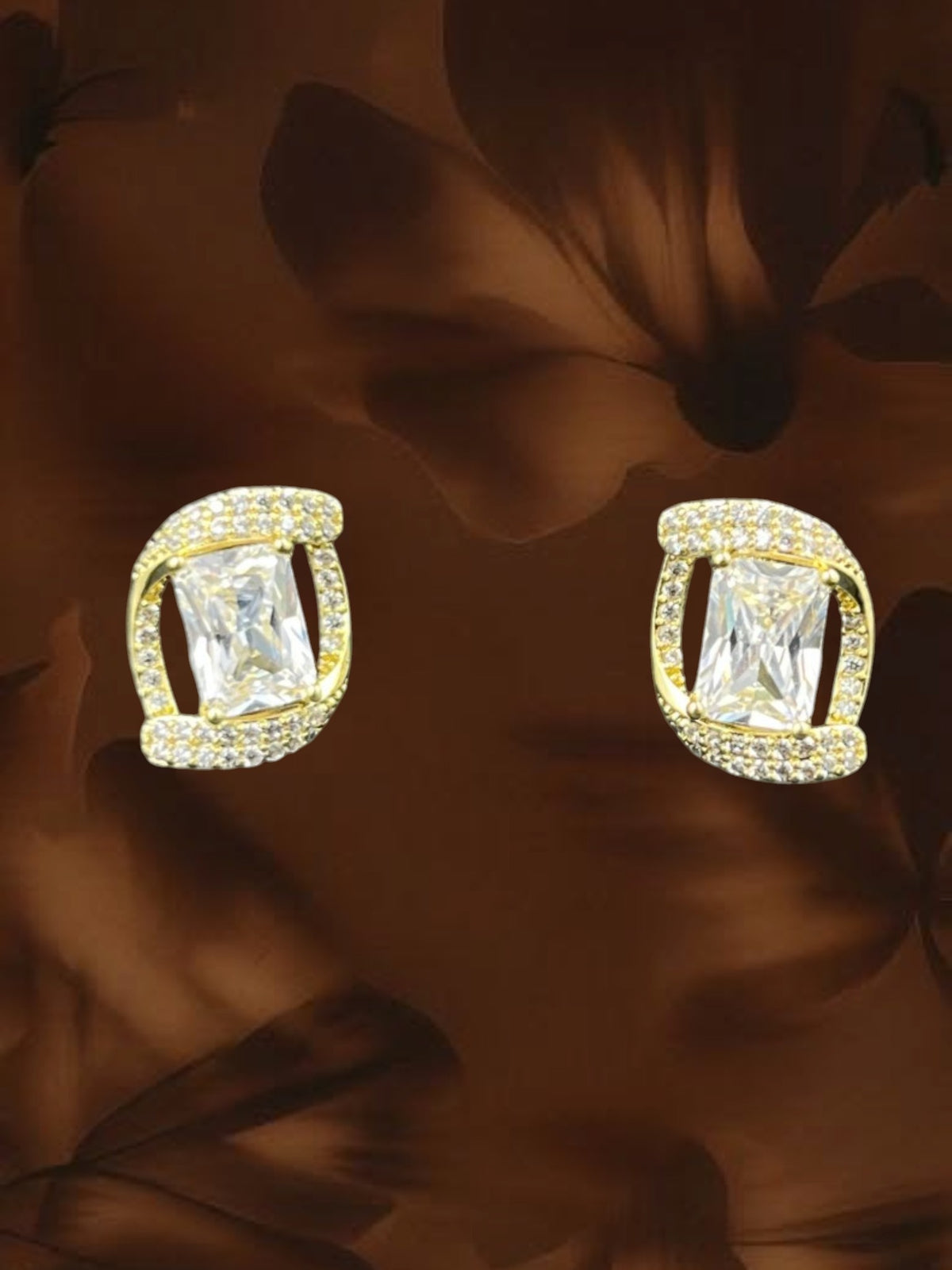 SHE BEAUTY Korean wave pendant set featuring gold-tone earrings with rectangular clear crystals and pave accents.