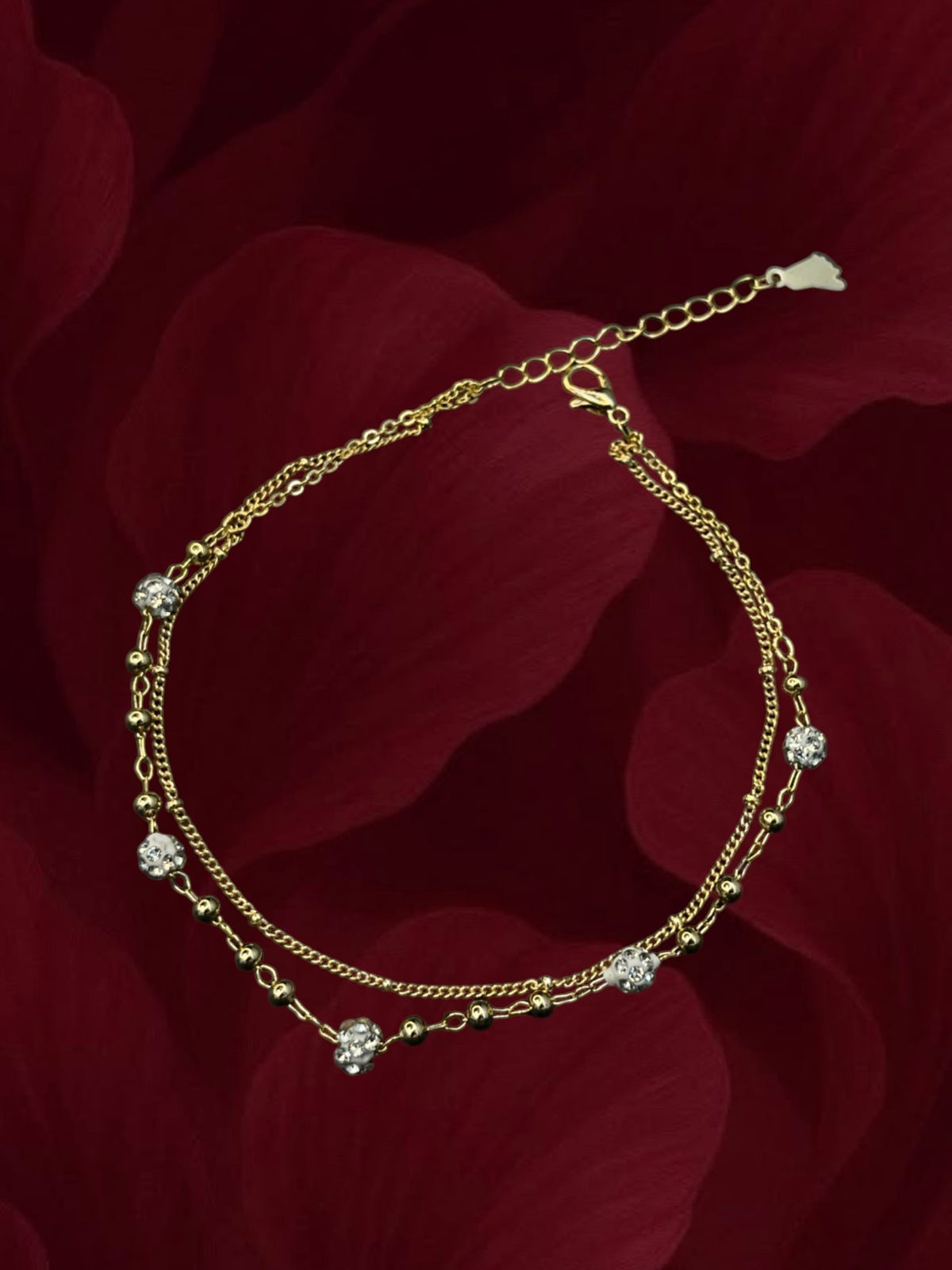 SHE BEAUTY anti-tarnish gold-toned double chain anklet for kids with sparkling crystal accents