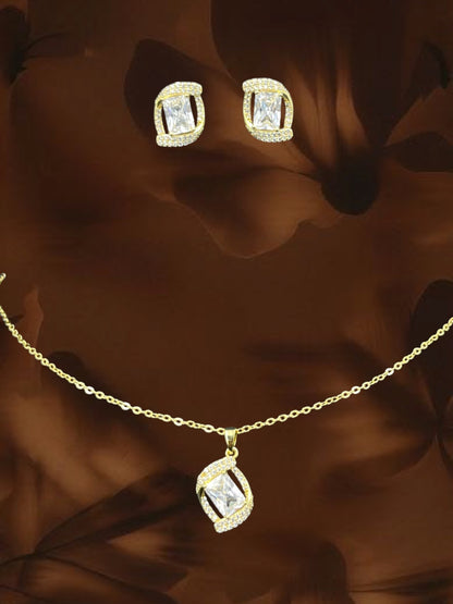 SHE BEAUTY Korean wave pendant set featuring gold-tone necklace and matching stud earrings with clear crystal stones.