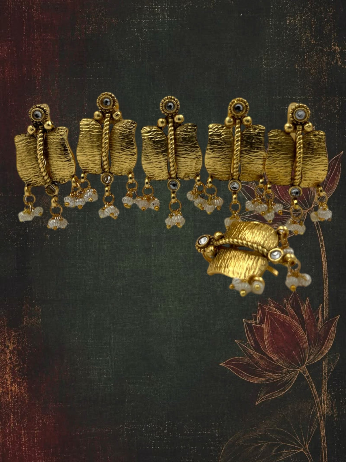 SHE BEAUTY set of 6 gold-toned ethnic hair brooches with textured metal finish and delicate hanging bead accents.