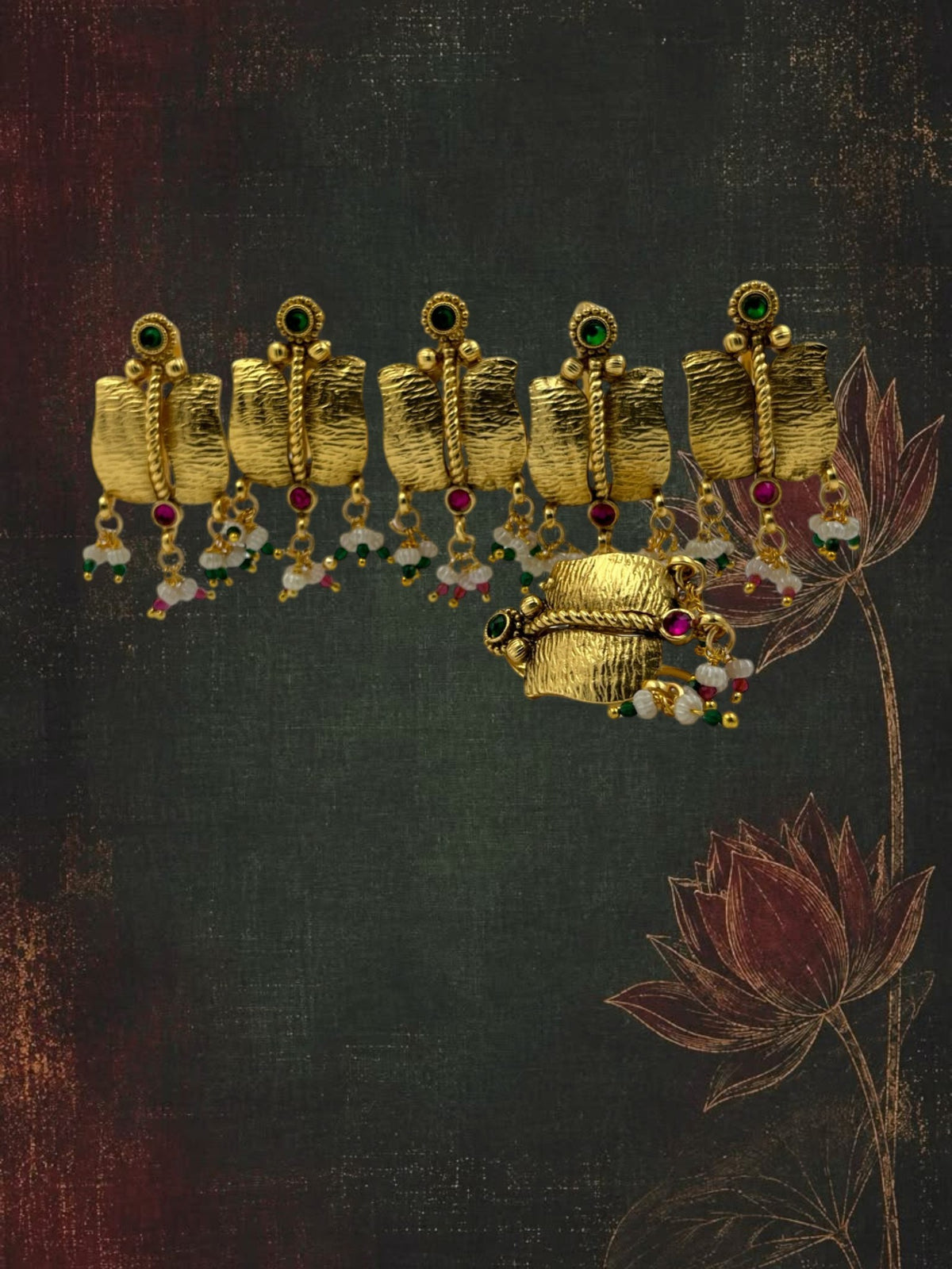 SHE BEAUTY set of 6 gold-toned ethnic hair brooches with green and red stones and delicate beaded dangles