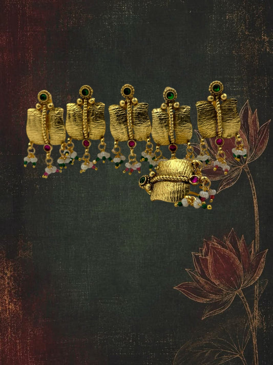 SHE BEAUTY set of 6 gold-toned ethnic hair brooches with green and red stones and delicate beaded dangles