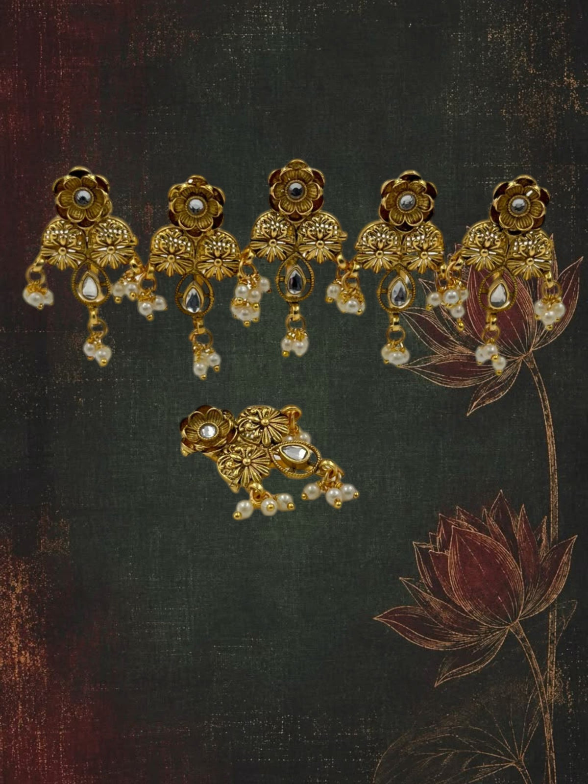 SHE BEAUTY set of 6 gold floral charms featuring intricate metalwork, teardrop stones, and delicate pearl accents.