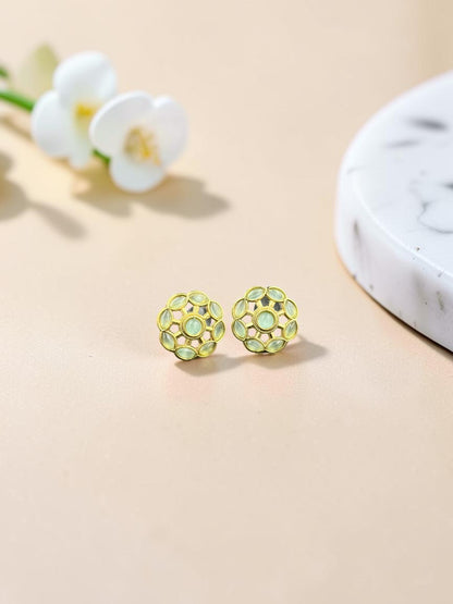 SHE BEAUTY gold-toned floral stud earrings with light green cabochon stones for ethnic and contemporary outfits