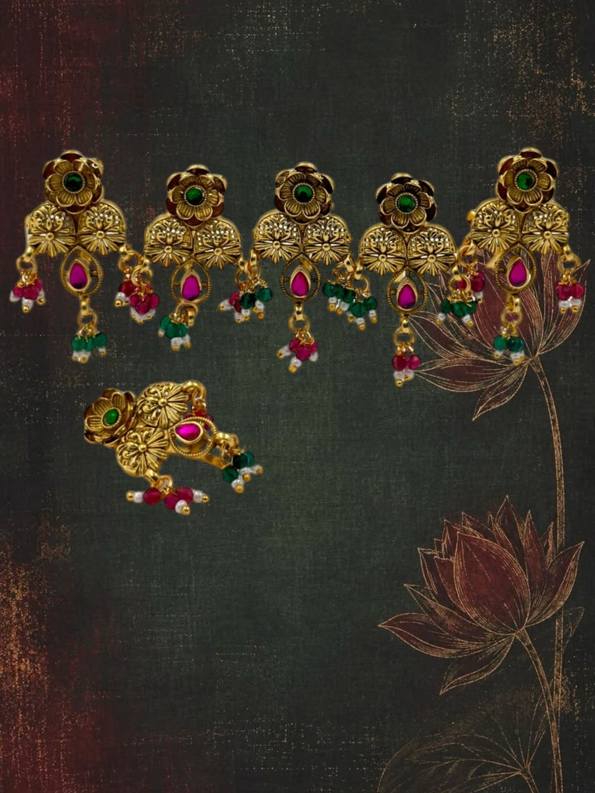SHE BEAUTY designer flower charms set featuring gold-toned metal with pink and green stone accents for festive wear.