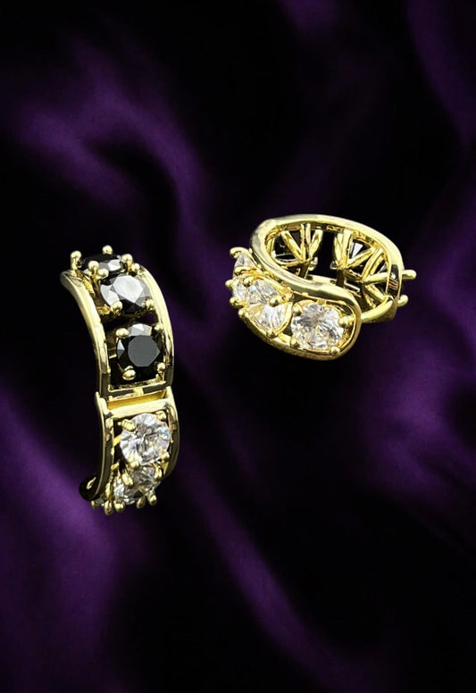 SHE BEAUTY 925 DUO POST gold-tone hoop earrings featuring alternating black and clear cubic zirconia stones
