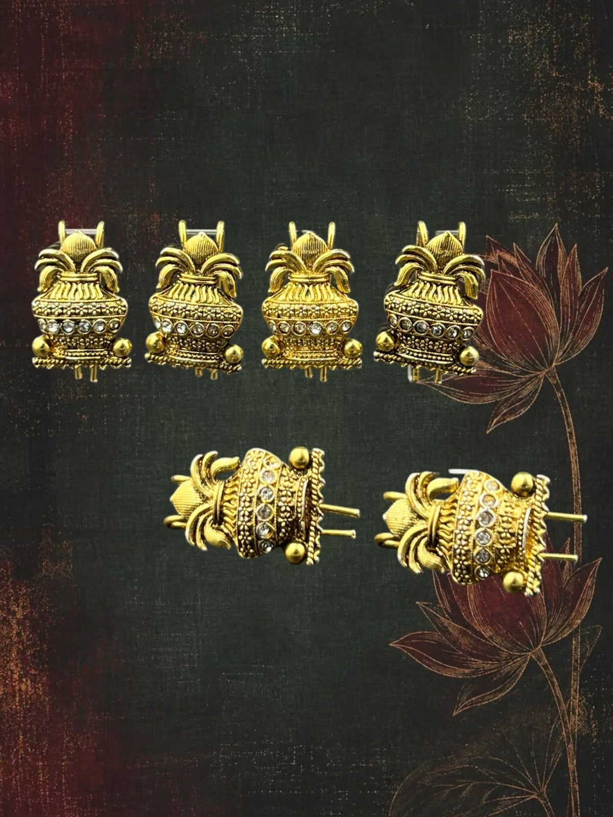SHE BEAUTY set of 6 gold-toned Kalash choti pins featuring intricate metalwork and embedded white stones for hair