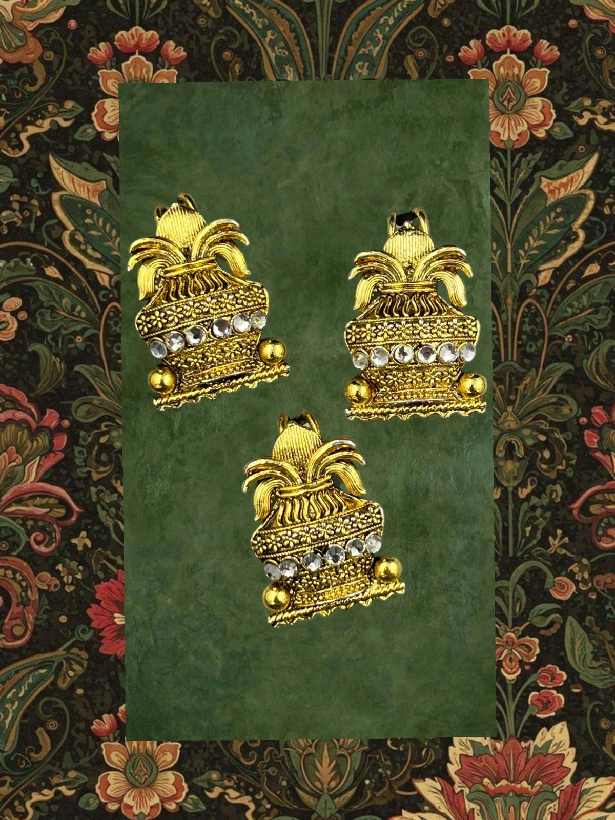 SHE BEAUTY set of three gold-toned Kalash design Juda pins featuring intricate metalwork and sparkling stone accents.