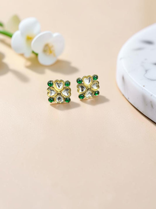 SHE BEAUTY gold-toned square kundan tops featuring heart-shaped clear stones and small green accents for ethnic wear.