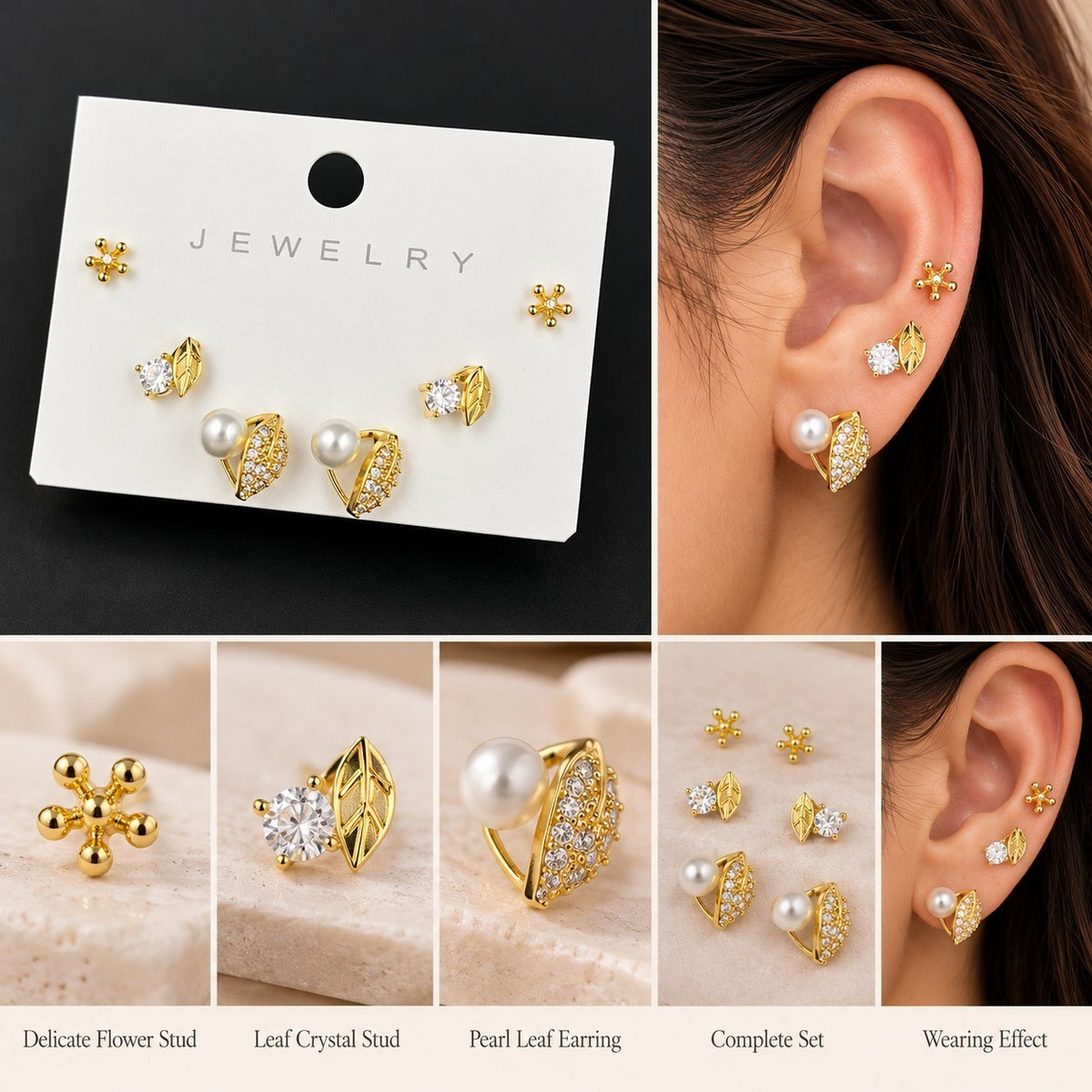 SHE BEAUTY 925 AD LEAF earring set featuring gold-tone flower studs, crystal leaf studs, and pearl leaf earrings.