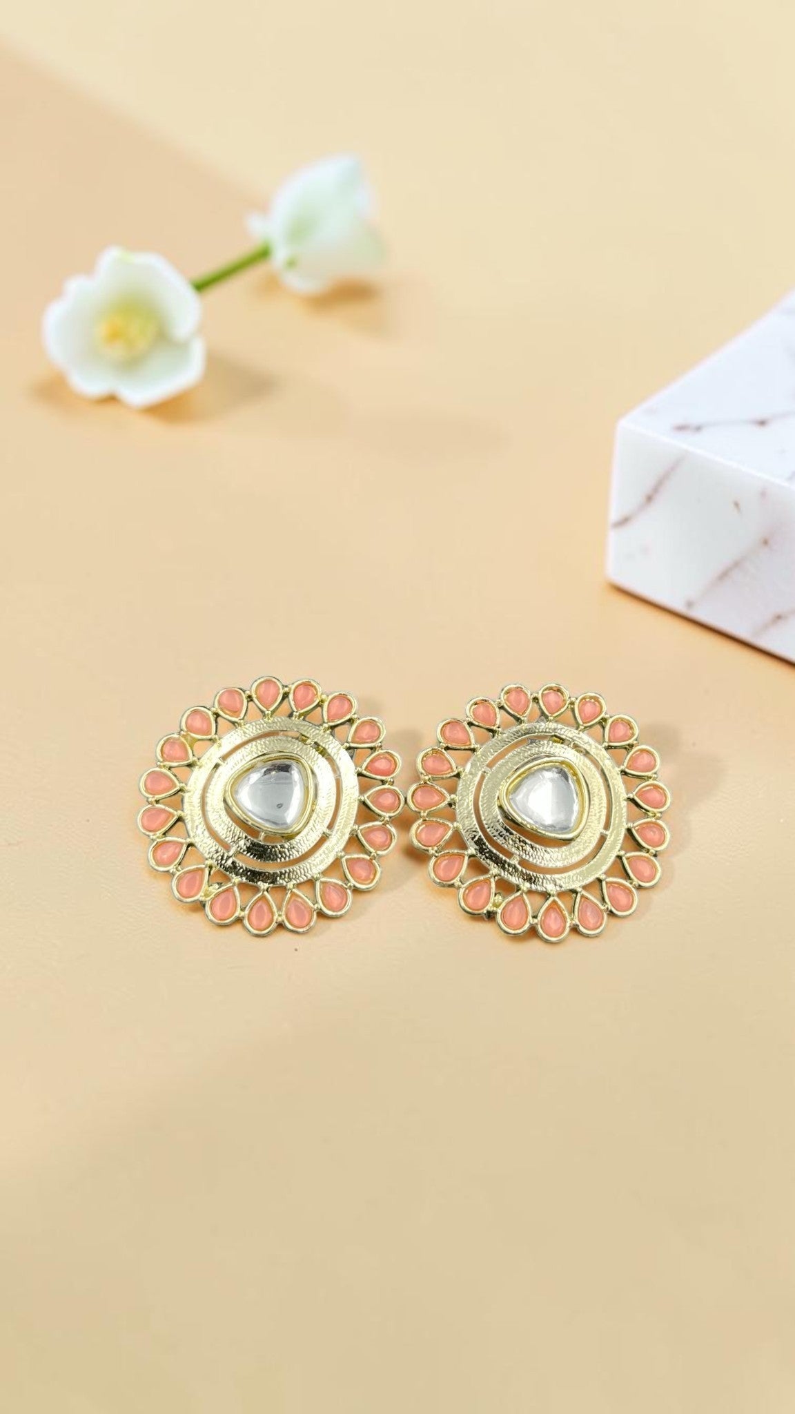 SHE BEAUTY round gold-tone kundan tops with peach teardrop accents for traditional Indian ethnic wear