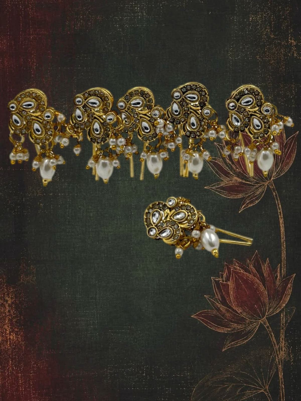 SHE BEAUTY set of 6 gold-toned pearl dangler pins featuring intricate stone work for festive and party wear