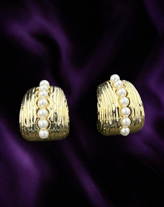SHE BEAUTY 925 Korean post gold-toned textured hoop earrings featuring a central row of white pearls