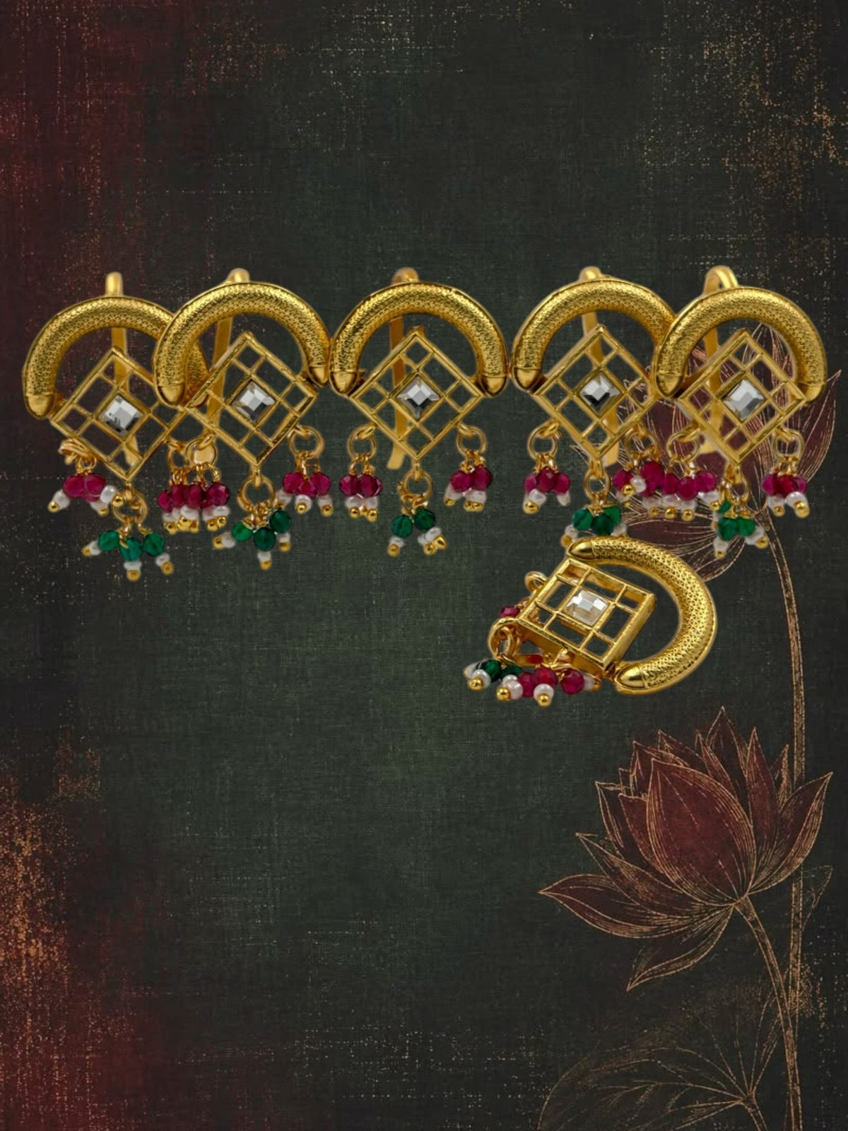SHE BEAUTY set of 6 gold-toned stone studded charms with dangling red, green, and white beads for festive jewelry.