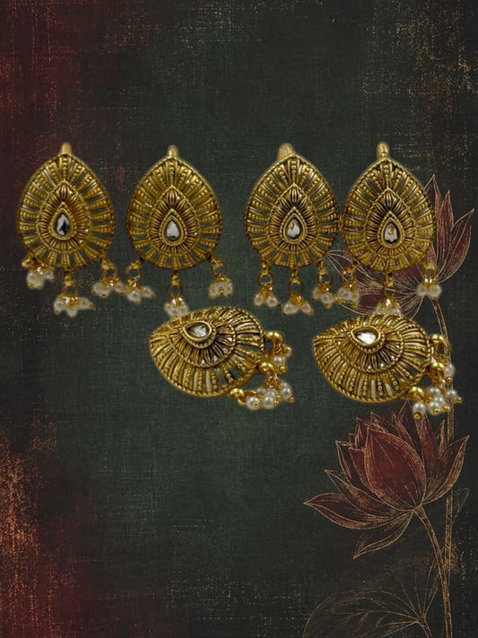 SHE BEAUTY set of 6 gold tear drop charms featuring intricate antique metalwork and small white pearl accents