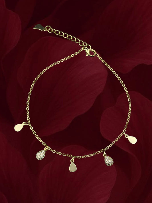 SHE BEAUTY anti-tarnish gold-tone anklet for girls featuring delicate teardrop charms and sparkling crystal accents.