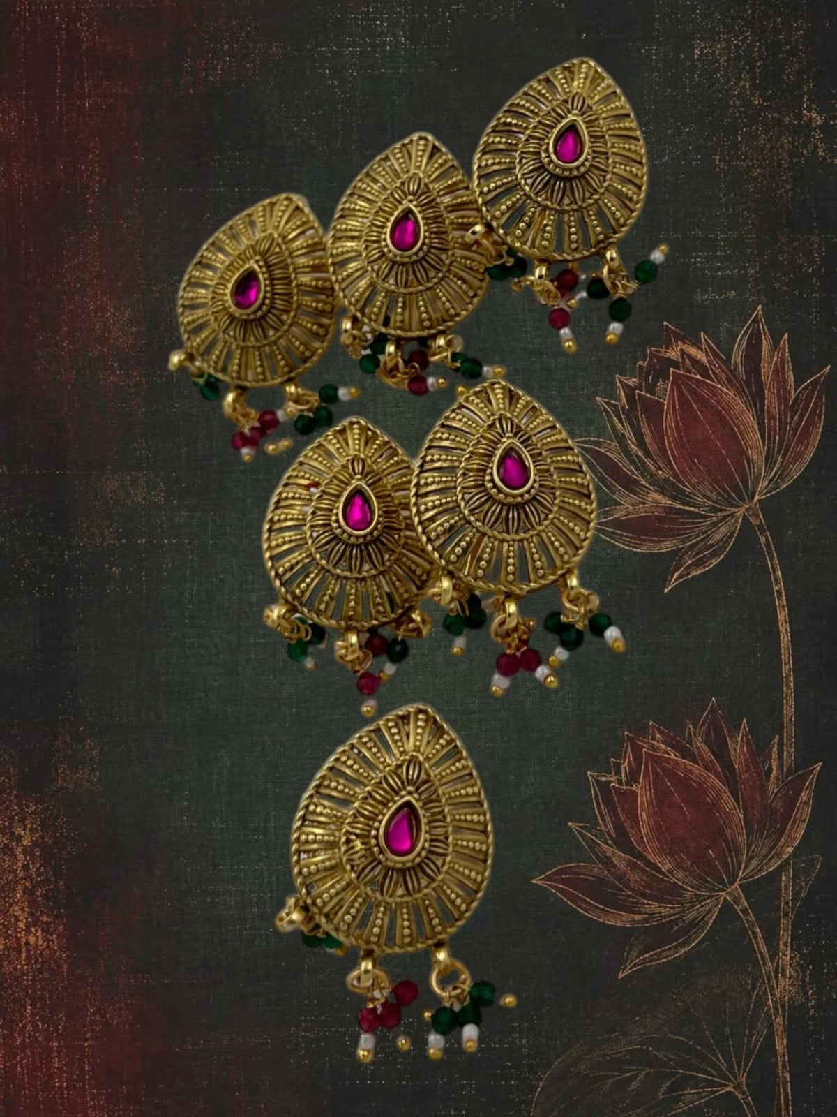 SHE BEAUTY set of 6 gold-toned teardrop charms with pink stones and dangling multi-colored beads for festive wear.