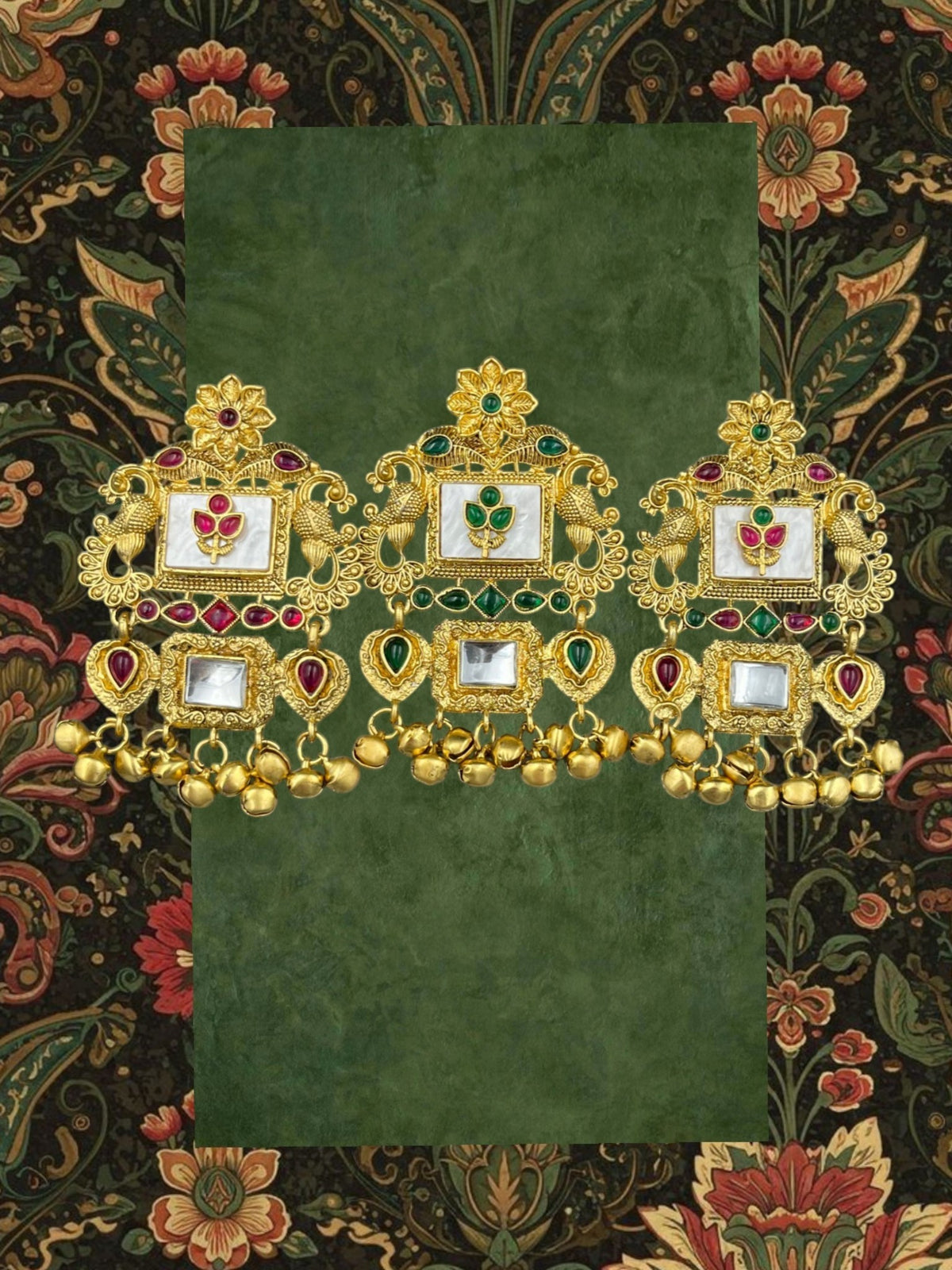 SHE BEAUTY set of 3 gold-toned temple juda hair brooches featuring intricate floral motifs, stones, and hanging beads.