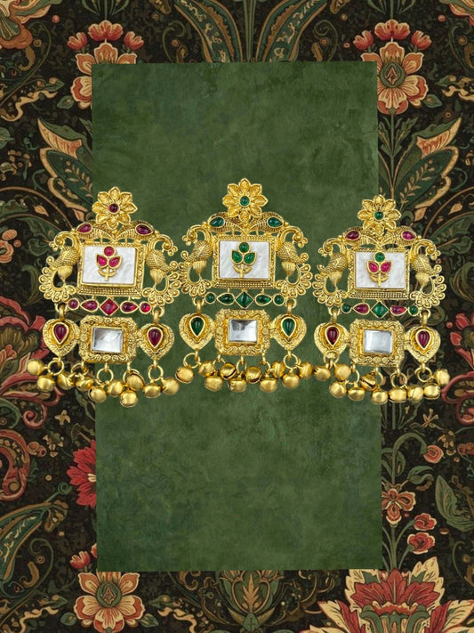 SHE BEAUTY set of 3 gold-toned temple juda hair brooches featuring intricate floral motifs, stones, and hanging beads.