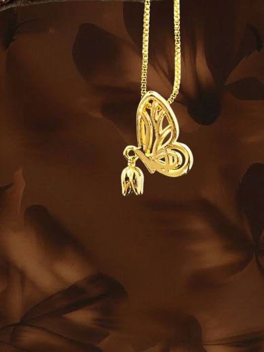 SHE BEAUTY gold-toned winged tulip pendant necklace with a delicate chain, perfect for festive and everyday wear.