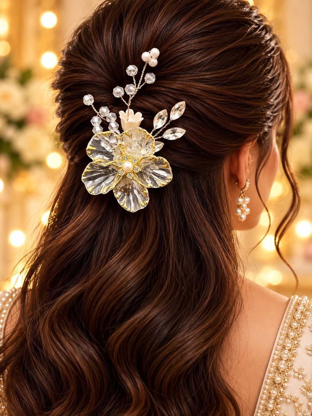 SHE BEAUTY golden blossom hair pin with crystal petals and pearl accents worn in wavy brown hair for festive styling
