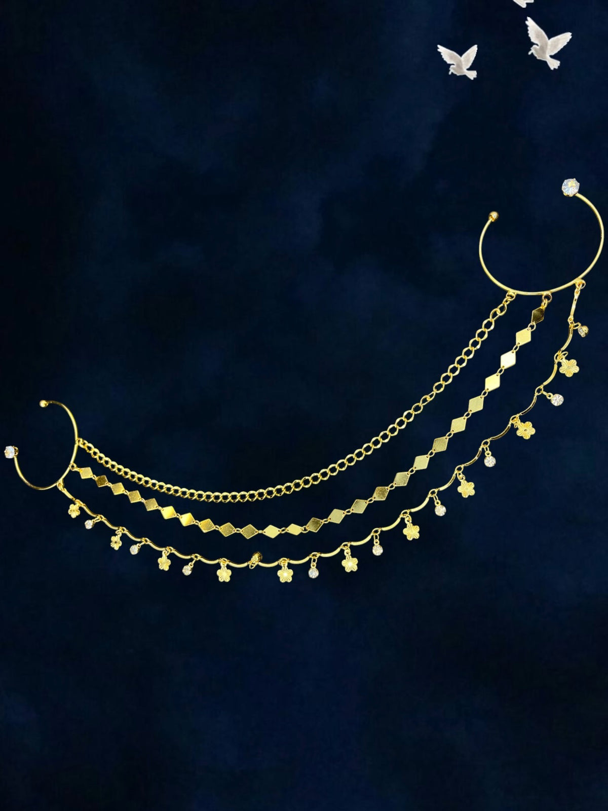 SHE BEAUTY golden braid pearl loop hair accessory with layered chains, diamond-shaped links, and floral charms