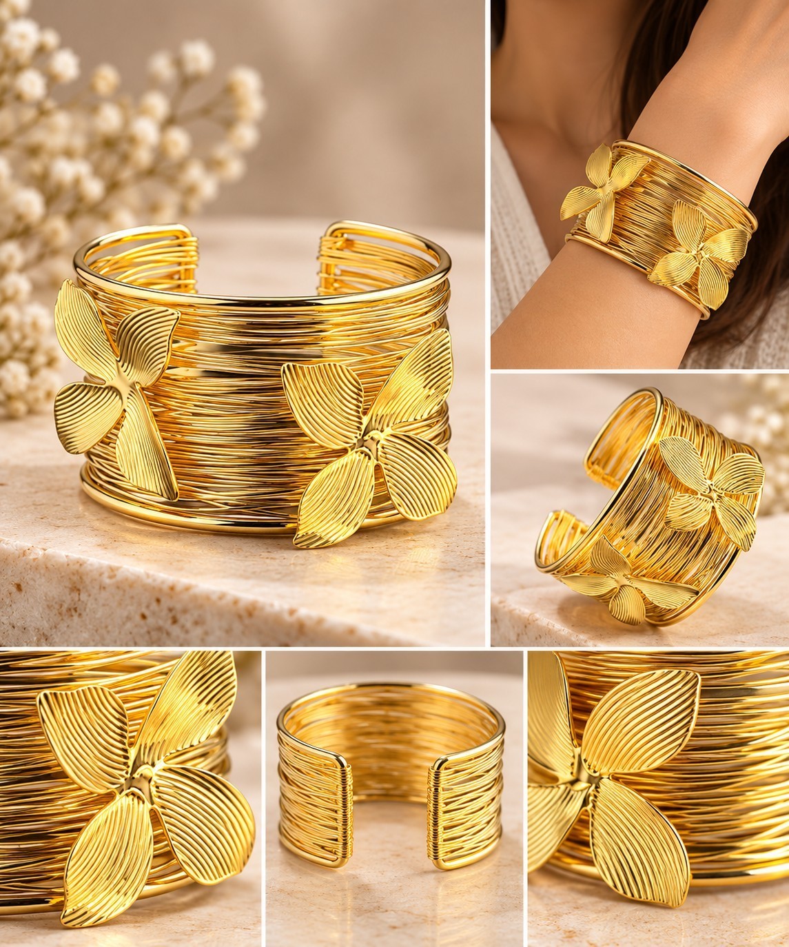 SHE BEAUTY golden multilayer cuff bracelet featuring delicate floral butterfly accents on a wire-wrapped design