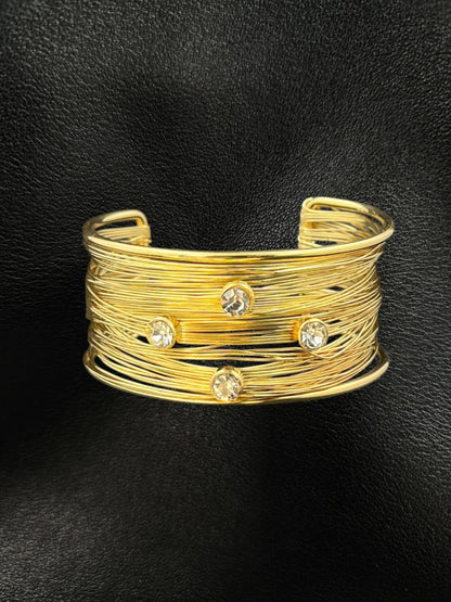 SHE BEAUTY multilayer golden cuff bracelet featuring delicate wire strands and sparkling AD stones on black leather