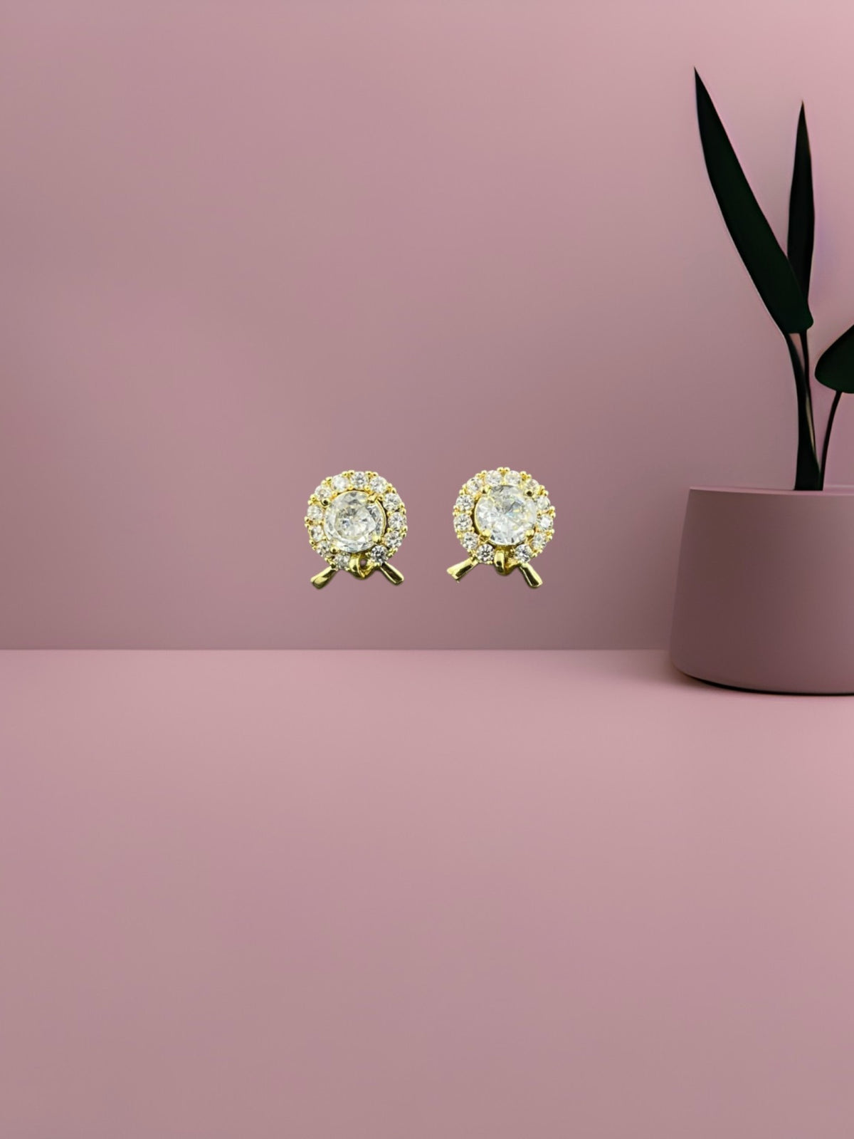 SHE BEAUTY GOLDEN ORBIT round stud earrings with central crystals and gold-tone halo setting for festive wear