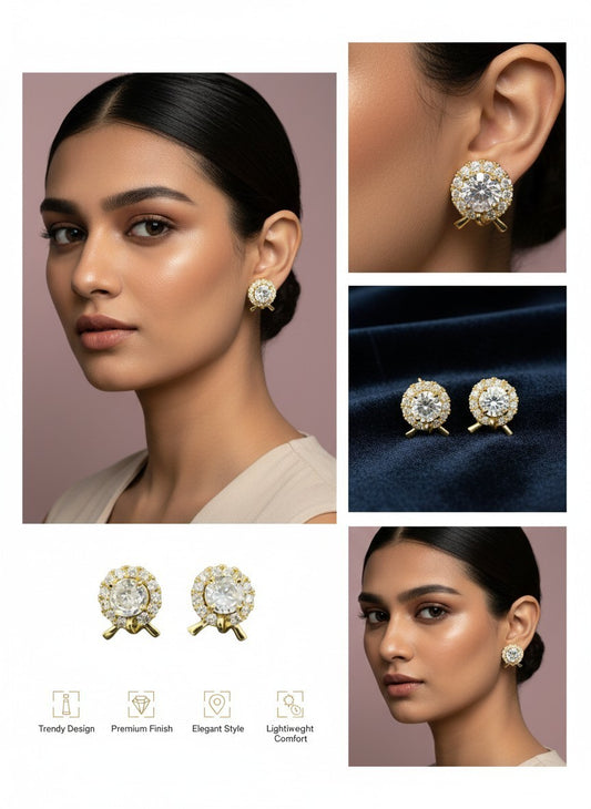 SHE BEAUTY GOLDEN ORBIT round gold stud earrings with a central clear crystal and halo setting on a model