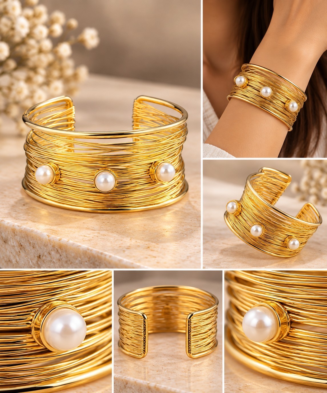 SHE BEAUTY golden multilayer cuff bracelet featuring three white pearls and intricate wire-wrapped design