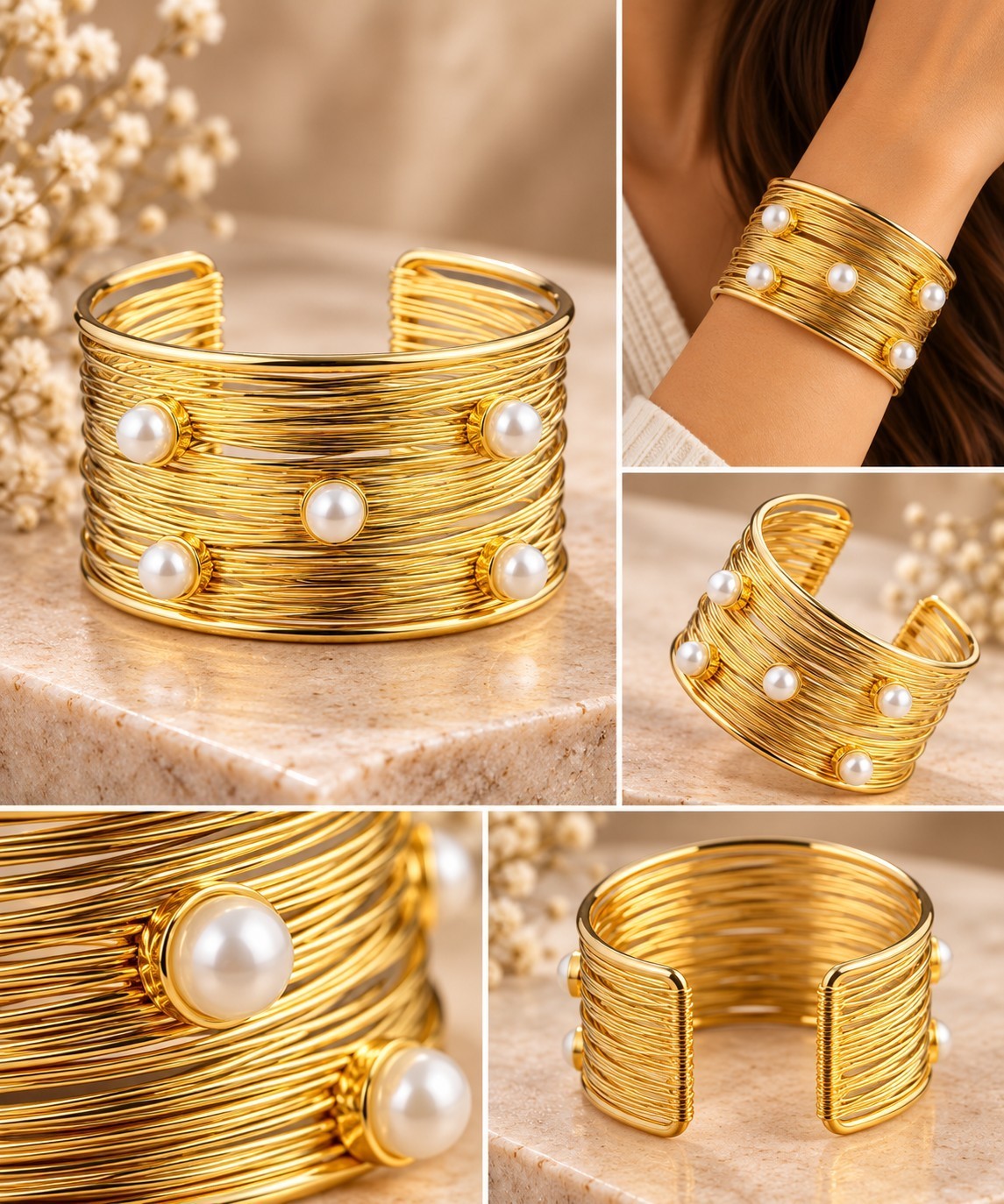 SHE BEAUTY multilayer golden cuff bracelet featuring five white pearls, elegant wire-wrapped design for party wear.
