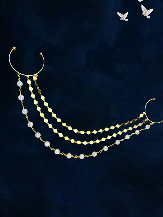 SHE BEAUTY golden braid pearl loop hair accessory with three layered chains featuring diamond shapes and white pearls